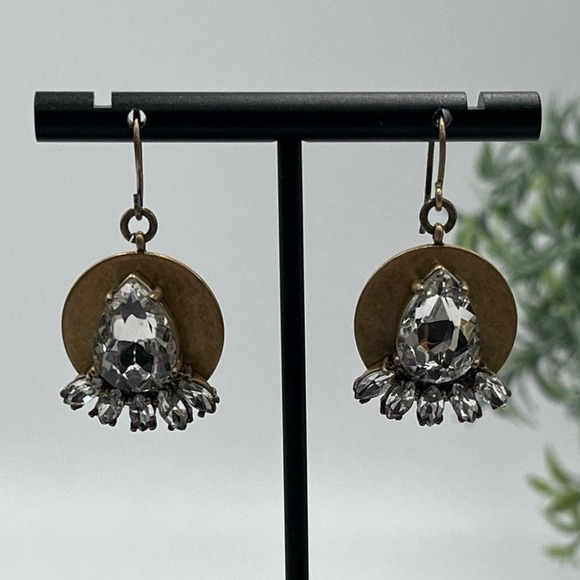 J. Crew Gold Tone Disc Teardrop Marquis Rhinestone Dangle Earrings - Picture 1 of 10